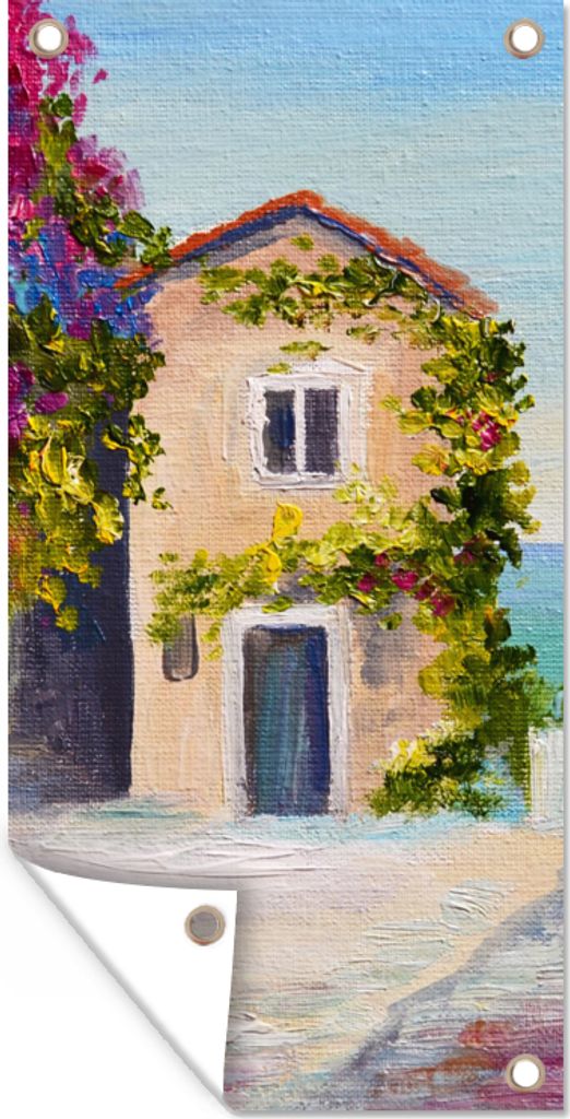 MuchoWow 30x60 cm Outdoor-Poster Gartendeko Sichtschutz Garten Poster für den Garten Malerei - Haus - Ölfarbe - Dorf