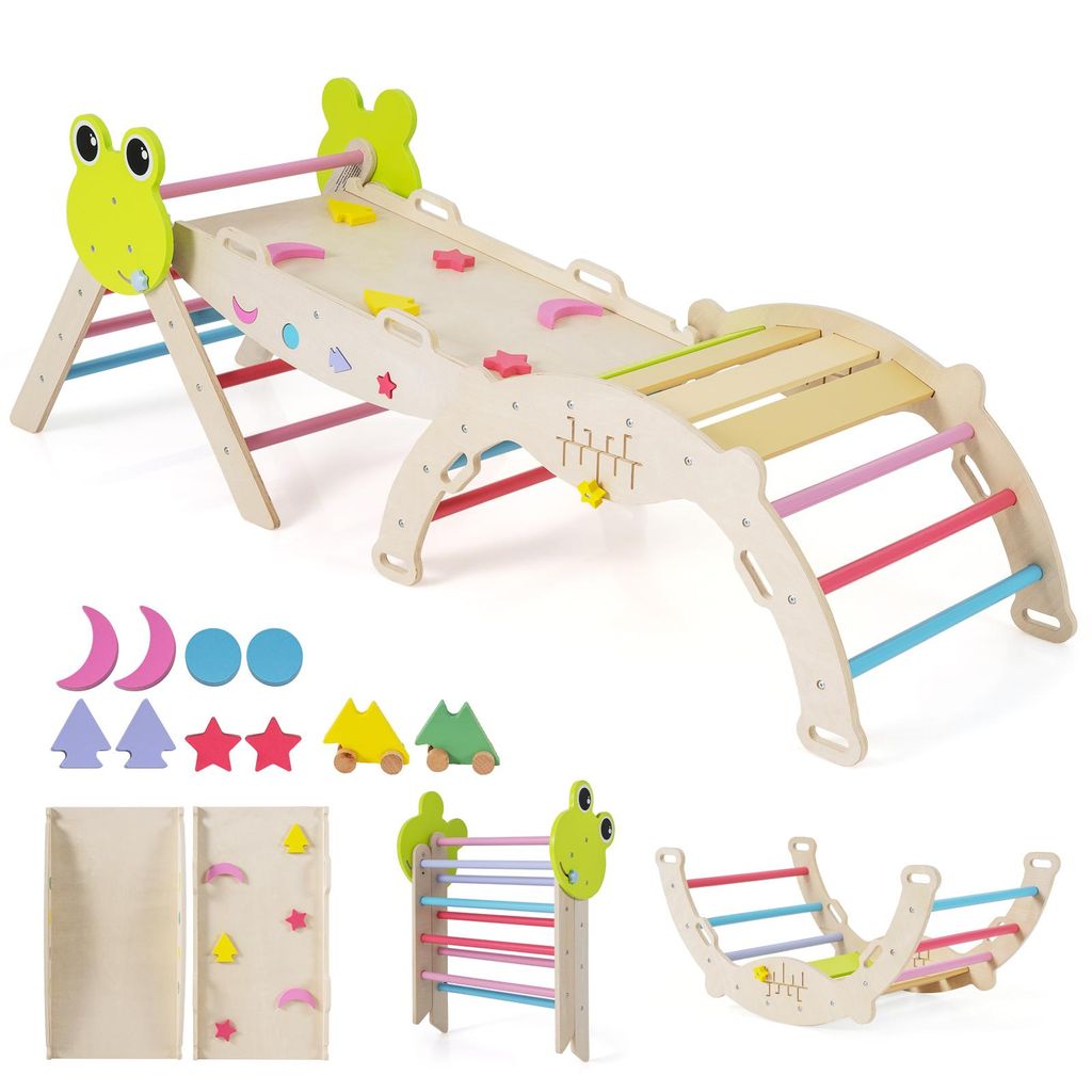COSTWAY Klettergerüst Indoor 3er Set, klappabres Kletterdreieck mit Rutsche, Kletterbogen, doppelseitige Rampe, Baustein Set&2 Autos, für Kinder 1+