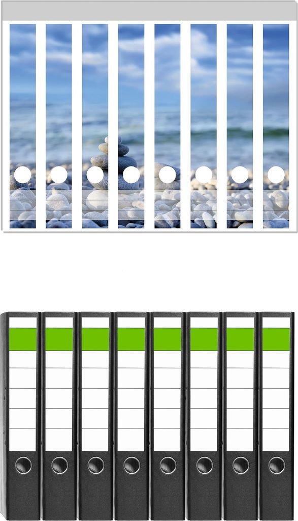 Wallario 8 Stück schmale Ordner inkl. Klebeetiketten mit Motive Steinstapel am Strand - Set mit Rückenschildern / Ordnerrücken Stickern
