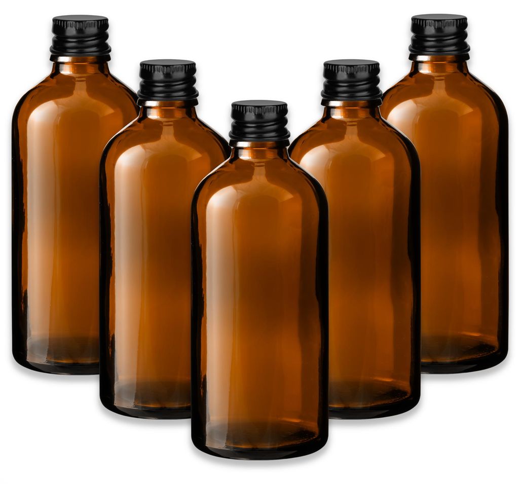 5x Braune Glasflasche 100 ml mit schwarzem Aluminium Produktbild 