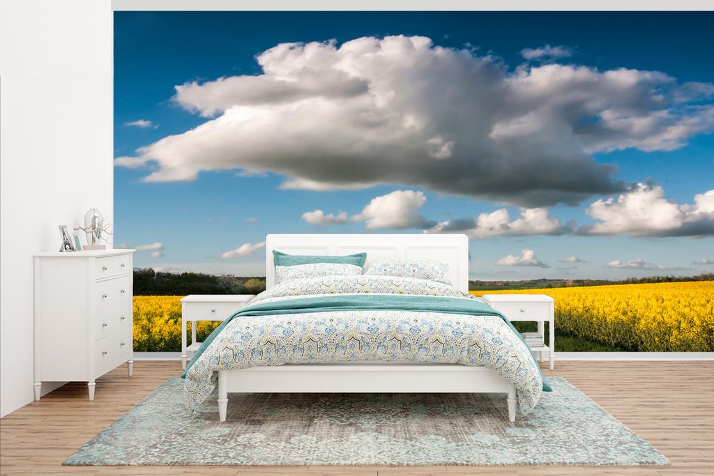 MuchoWow Fototapete für Wohnzimmer oder Schlafzimmer Wandtapete Vinyl Motivtapete Wolken über einem gelben Feld - 395x220 cm - Tapezier Papier