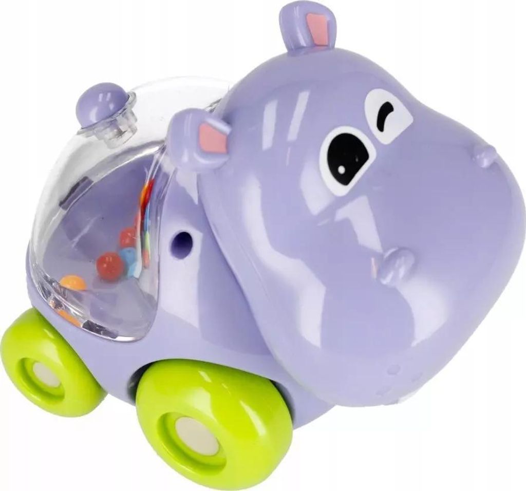 Nilpferd Rassel als rollendes Fahrzeug mit bunten Produktbild 