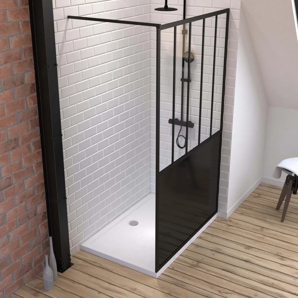 Paroi de Douche 120x200 Noir Mat + Receveur Blanc Aspect Pierre Naturel