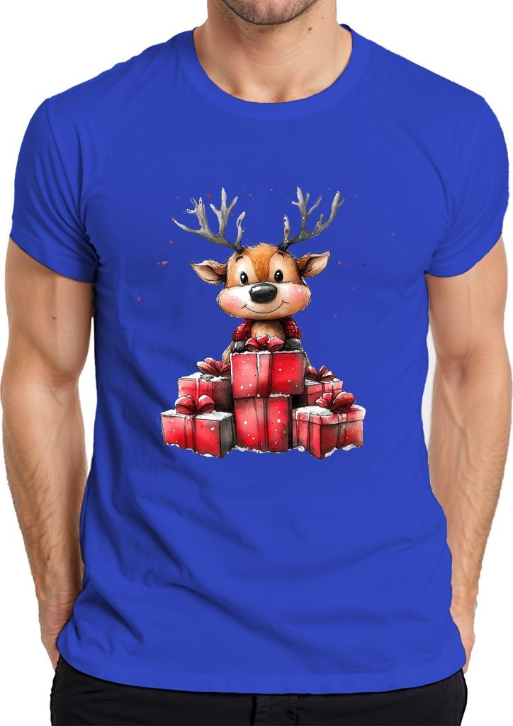 Weihnachten Rentier mit Geschenken niedlich Aquarell Kinder Herren T-Shirt, Blau, S
