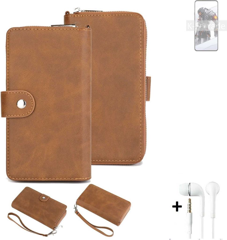 K-S-Trade Handy Schutz Hülle kompatibel mit nubia Red Magic 7S Pro + Kopfhörer Portemonnee Tasche Wallet-Case Bookstyle-Etui braun (1x)