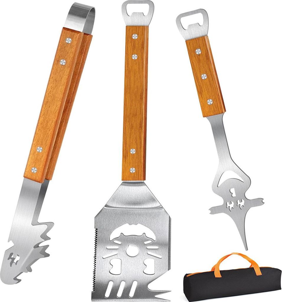 3-teiliges BBQ Grillbesteck Set, Edelstahl & Holzgriff, lange Griffe 38–42 cm, spülmaschinengeeignet, Aufbewahrungstasche, Grillzange, Gabel & S...