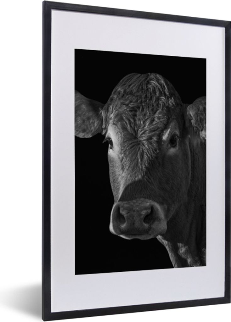 MuchoWow Gerahmtes Poster Kuh - Tiere - Schwarz - Weiß - Porträt 40x60 cm - Poster mit Schwarzem Bilderrahmen Wandposter Rahmen Foto Bilder - P...