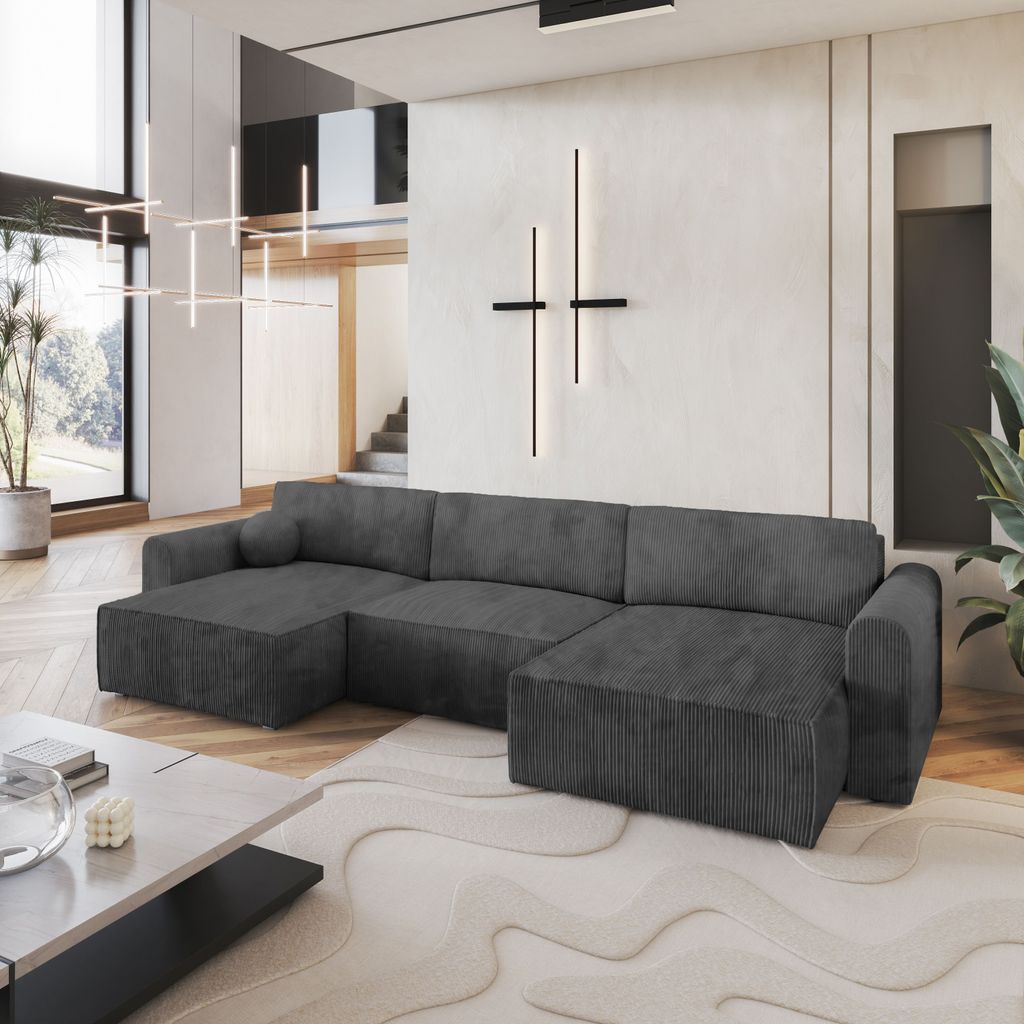 Masseno Ecksofa FENTO P mit Schlaffunktion U-Form, Sofa mit Bettkasten, Wohnzimmersofa, Couch, Soffa, Bettsofa, Couchgarnitur- Grau, POSO 34