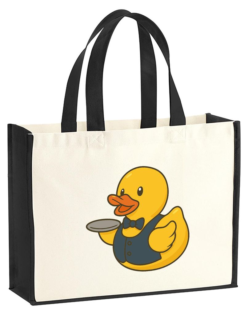 Huuraa Jutetasche Quietscheente Gastronomie Comic Gummiente 21 Liter Black Jute und Baumwolle Einkaufstasche Geschenkidee