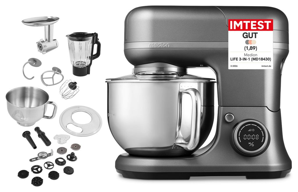 MEDION Küchenmaschine mit Fleischwolf - Mixer, 3in1 - Titan Produktbild 