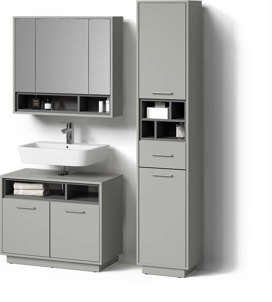 Badmöbel-Set Livinity Temo Grau 3 Teile, mit Hochschrank, Model 52802
