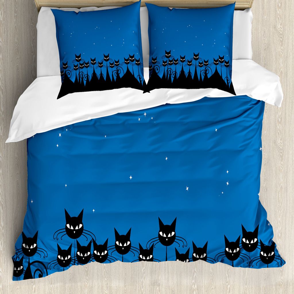 ABAKUHAUS Nacht Bettbezug, Schwarze Katzen Sternenhimmel, Milbensicher Allergiker geeignet mit Kissenbezügen, 155 cm x 220 cm - 80 x 80 cm, Blau S...