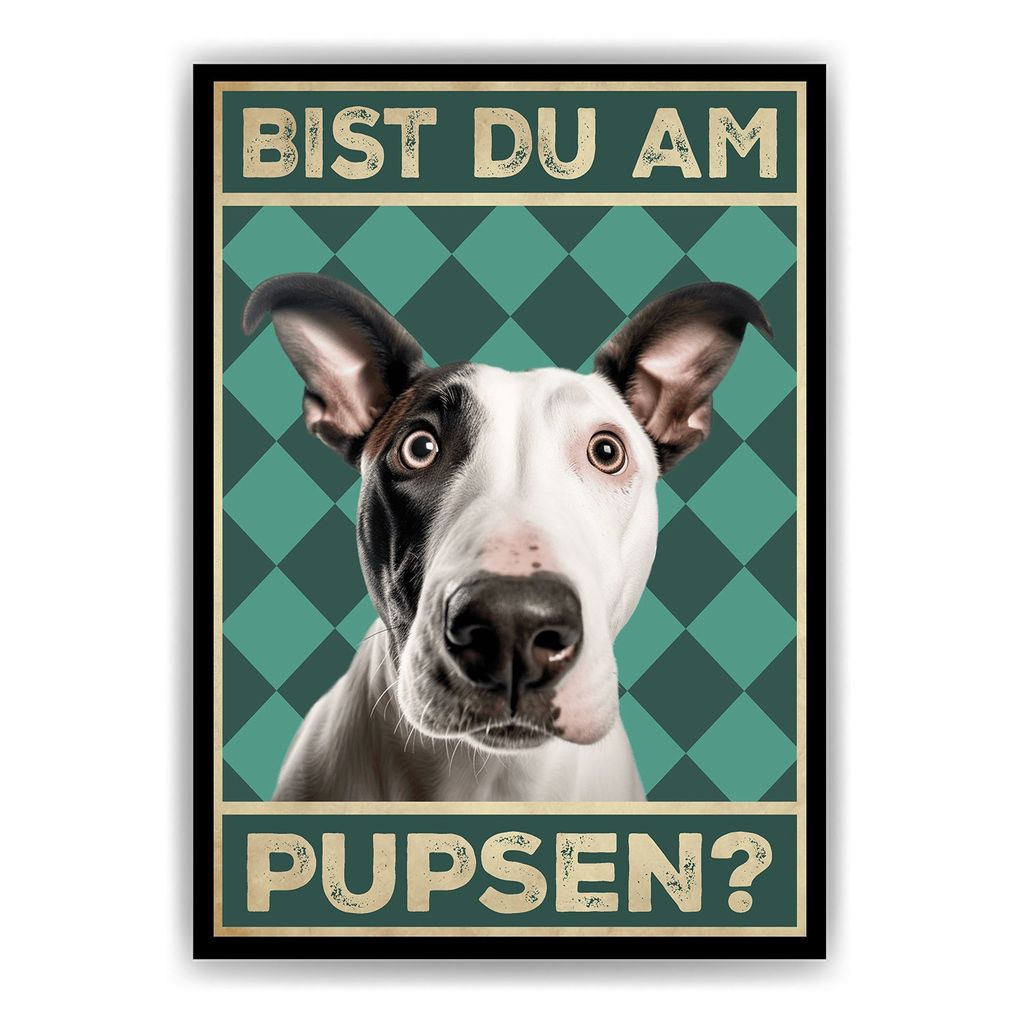 Bullterrier - Bist du am Pupsen? Hunde Poster Badezimmer Gästebad Wandbild Klo Toilette Dekoration Lustiges Gäste-WC Bild DIN A4 – DIN A4 (21x2...