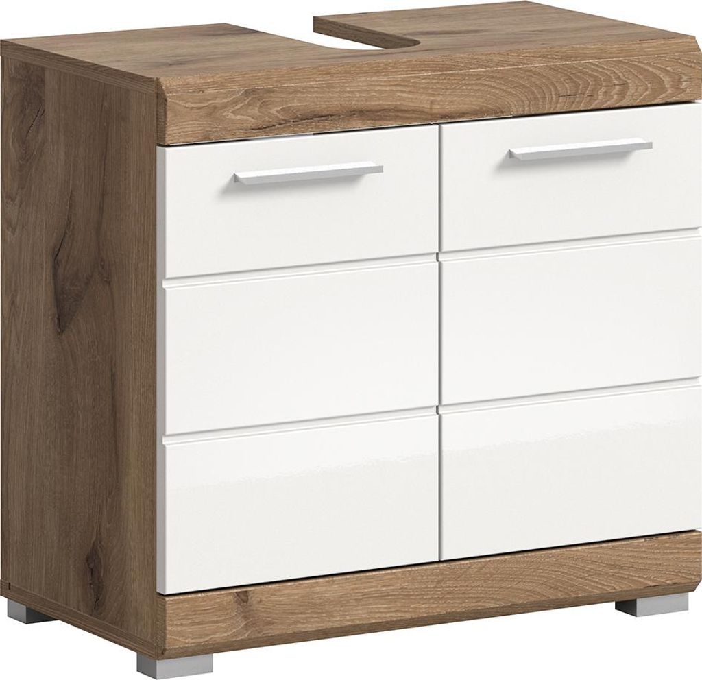 Badezimmer Waschbeckenunterschrank, 60 cm breit, in Eiche dunkel mit weiß Hochglanz - SIROCO-158
