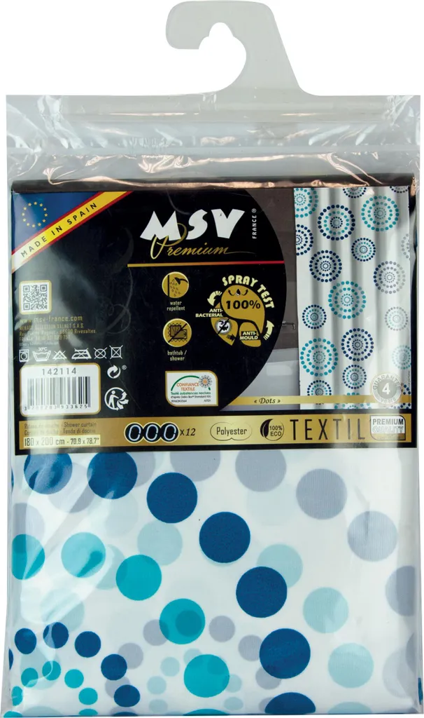 Cotexsa by MSV Tenda da doccia in tessuto premium antimuffa - Antibatterica, lavabile, 100% impermeabile, con 12 anelli per tenda da doccia - Poliestere, "Dots" Blu 180x200cm - Spain
