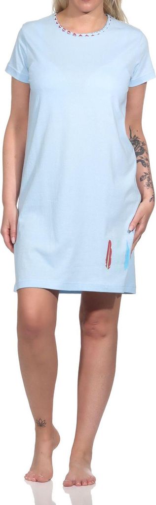 Damen Nachthemd halbarm, Bigshirt mit Feder- und Pfeil-Motiv - 122 214 10 754 ; blau , 36-38