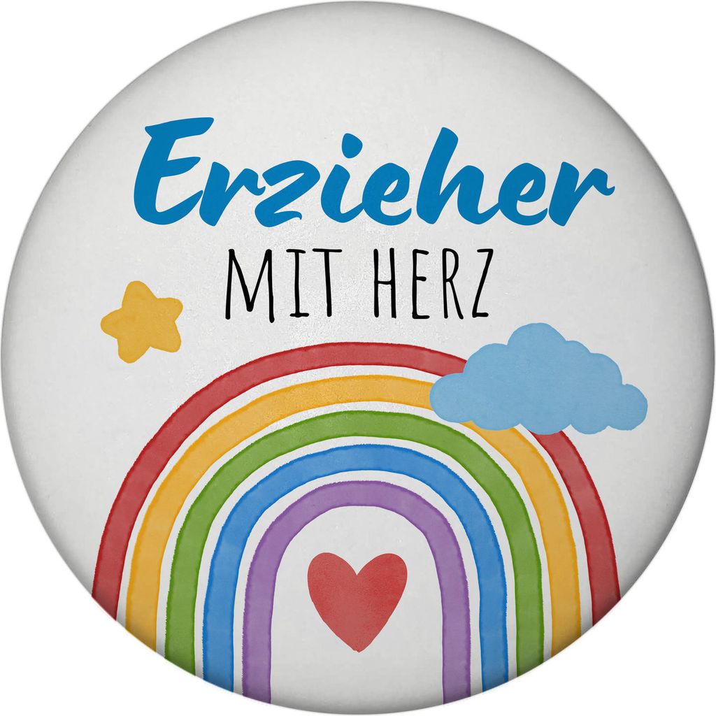 Regenbogen Magnet mit Flaschenöffner rund mit Spruch Erzieher mit Herz