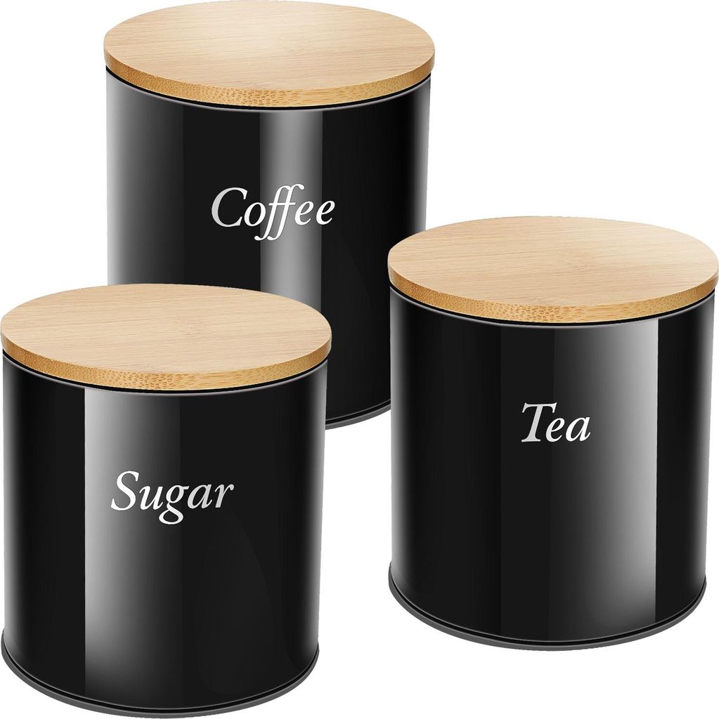 Cheffinger, Set 3 Edelstahl Dosen mit Bambusdeckel für Kaffee Zucker Tee, Schwarz / Braun
