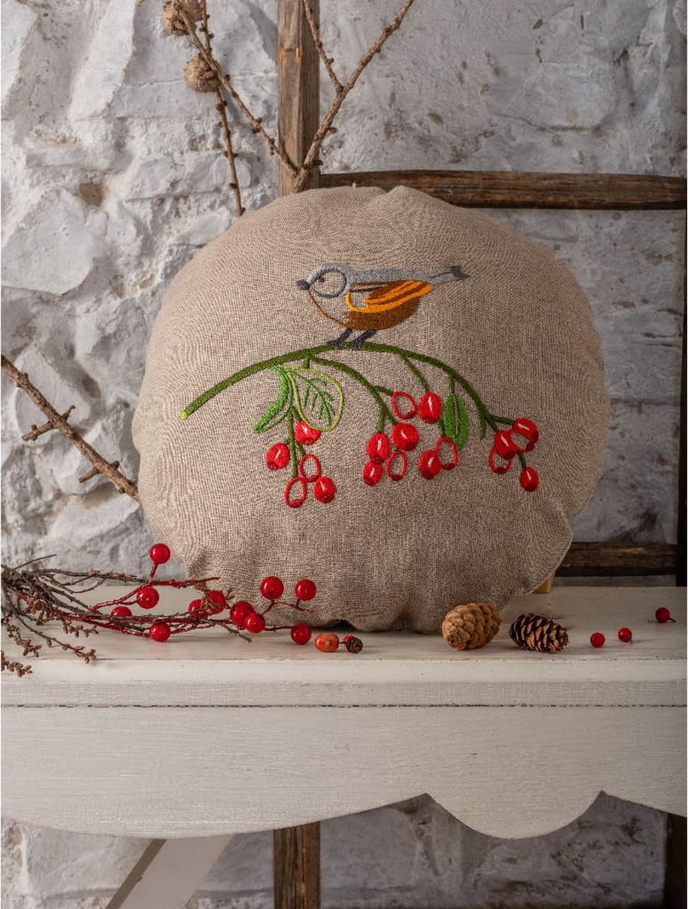 Kissen mit Anker und Satinrückseite „Vintage Birds Round Cushion“, Durchmesser 31 cm