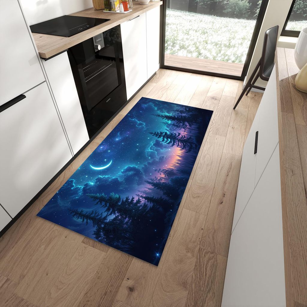 Küchenteppich 90x180cm rutschfest & abwischbar PVC Läufer - Nachthimmel Wald
