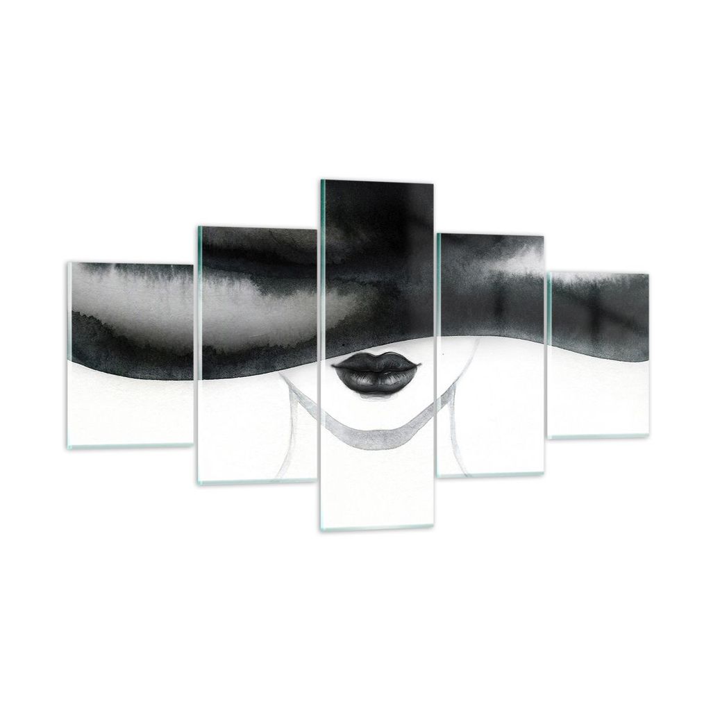 Bilder auf glas - 5 Teile - Frau Hut Schwarzweiß - 125x70cm - Glasbilder - Wandbilder - Bilder - zum Aufhängen bereit - Wanddekoration aus Glas -...
