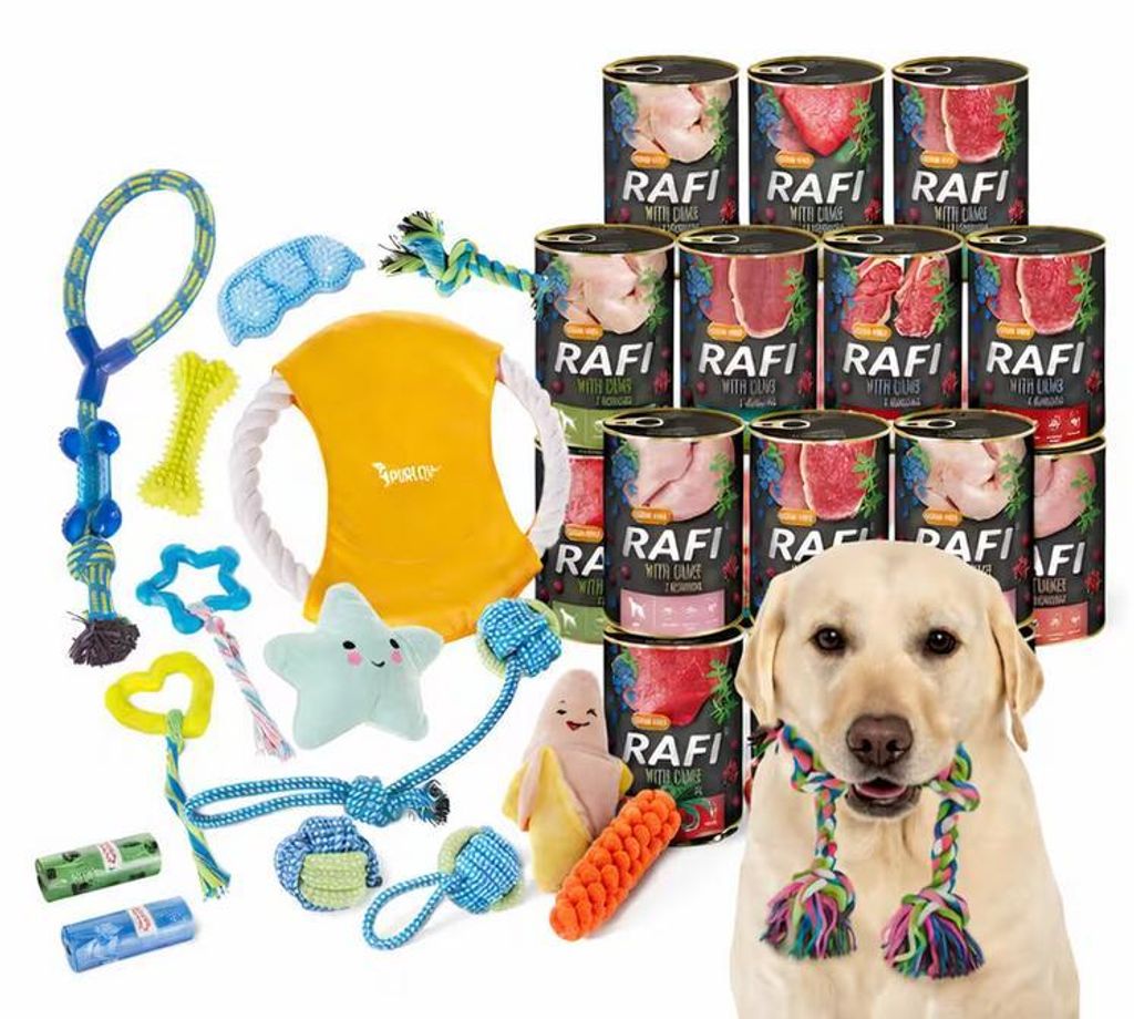 RAFI Adult Hundefutter Nassfutter Getreidefrei 16x400g Mix Geschmacksrichtungen + GRATIS Hundespielzeug Set 16in1