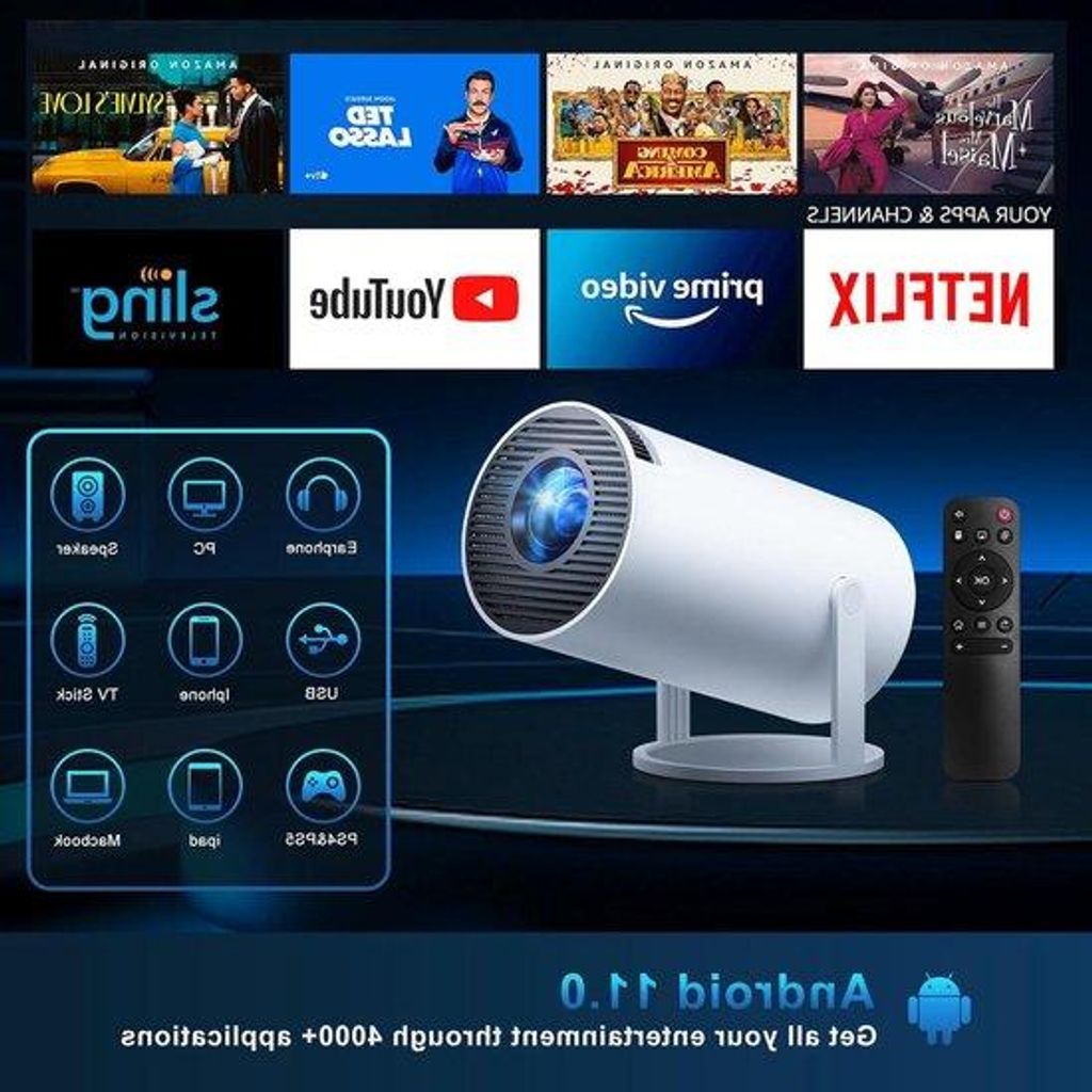 portabel Mini-Beamer - Full HD 1080P - WiFi Bluetooth - 180° Drehung - Trümmelkorrektur - USB HDMI iOS Android Projektionsgerät