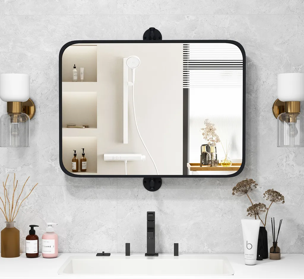 Miroir Mural Orientable pour Salle de Bain et Entrée Cadre Noir 76x56