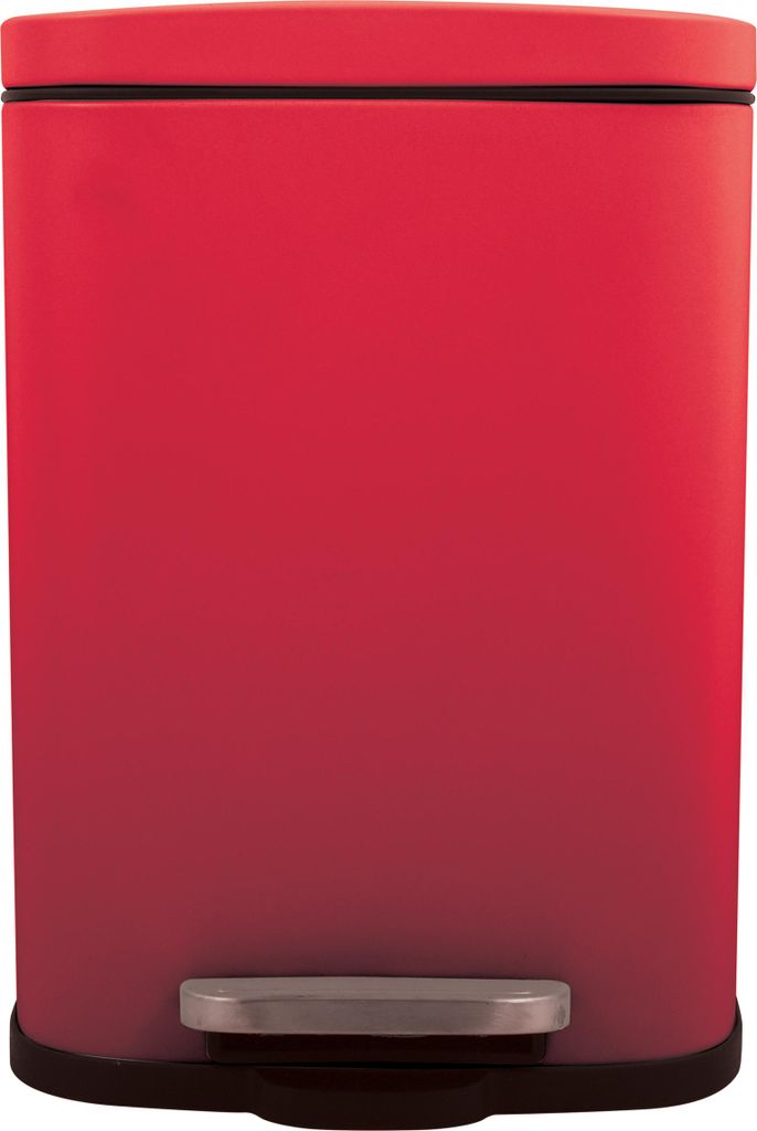 A red pedal trash can against a white background.