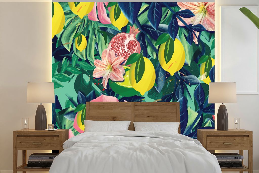 MuchoWow Fototapete für Wohnzimmer oder Schlafzimmer Wandtapete Vinyl Motivtapete Blumen - Früchte - Farben - 300x300 cm - Wanddekoration
