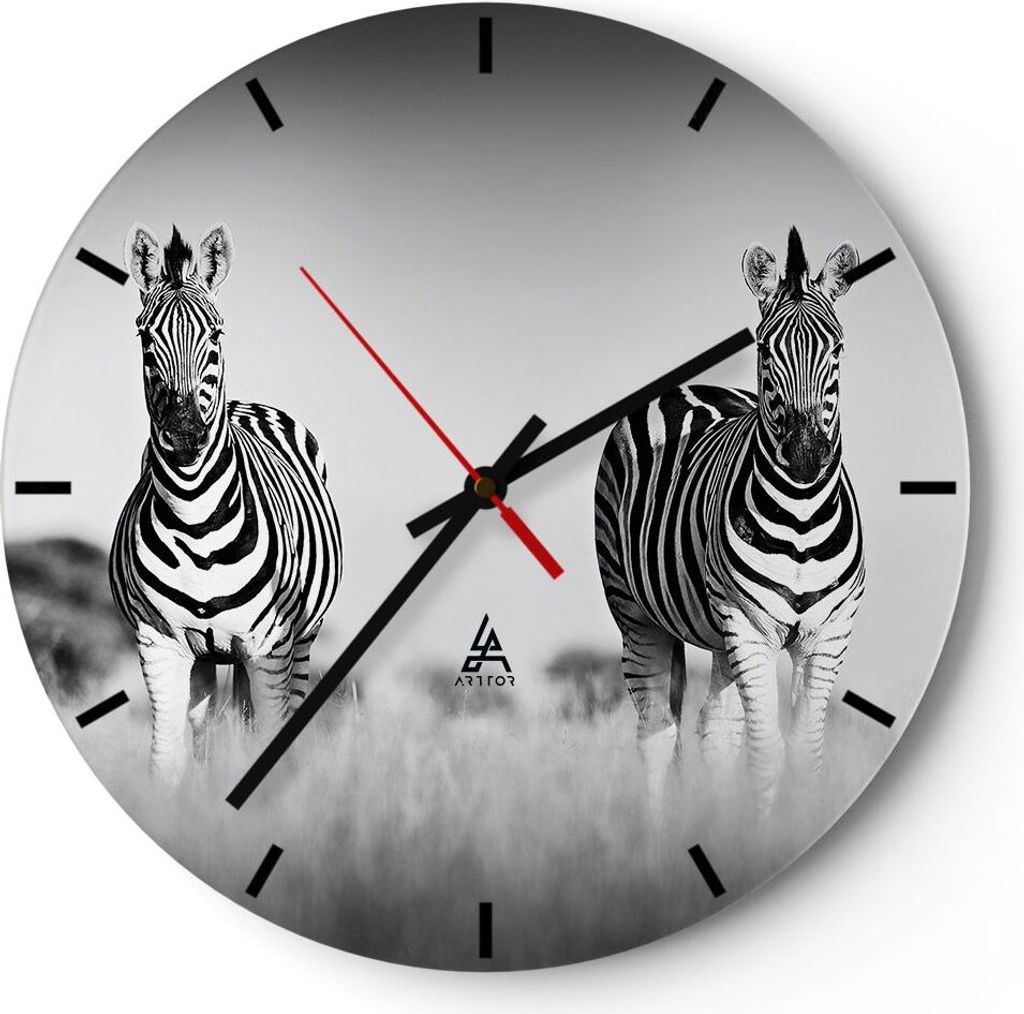Wanduhr - Rund - Glasuhr - Zebras Fotografie Schwarzweiß - 30x30cm - Schleichendes Uhrwerk - Lautlos - zum Aufhängen bereit - Dekoration Modern -...