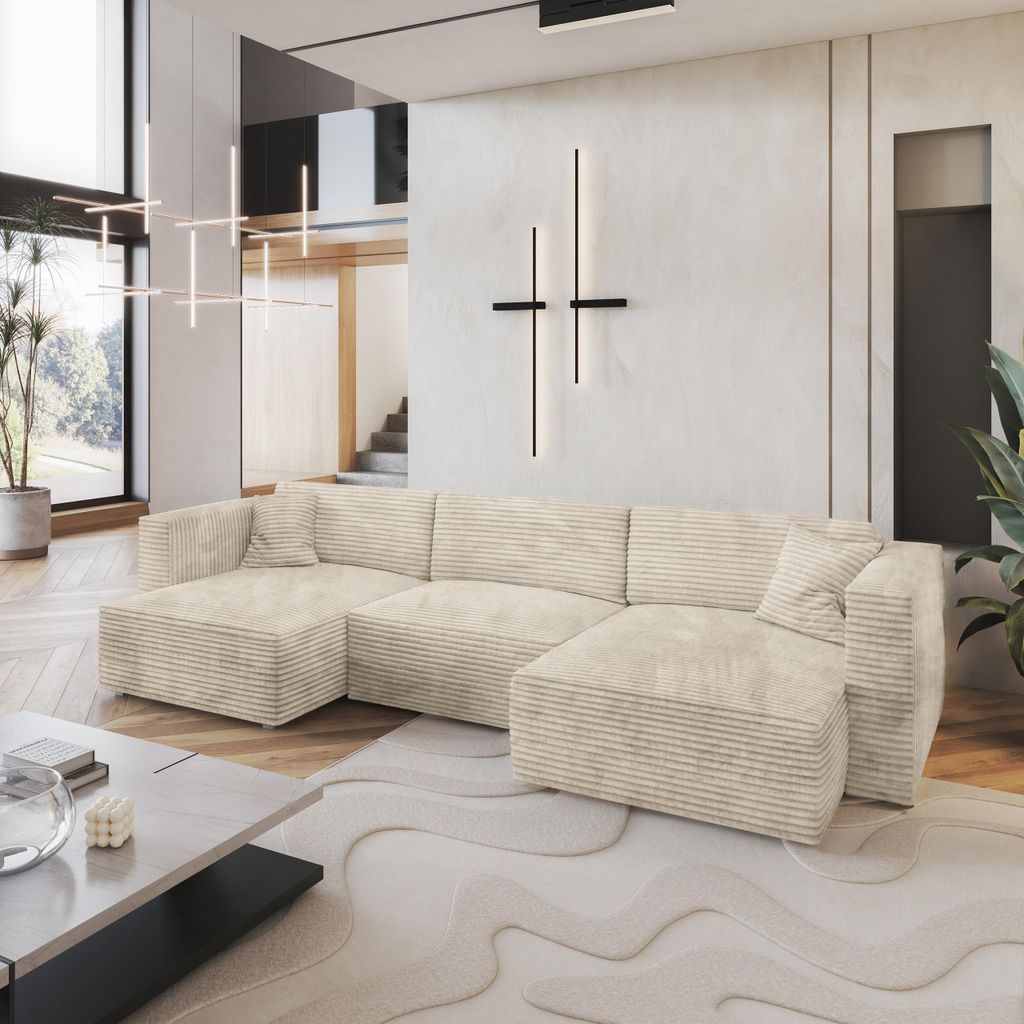 Masseno Ecksofa SARMO mit Schlaffunktion U-Form, Sofa mit Bettkasten, Wohnzimmersofa, Couch, Soffa, Bettsofa, Couchgarnitur- Creme, TILIA 03