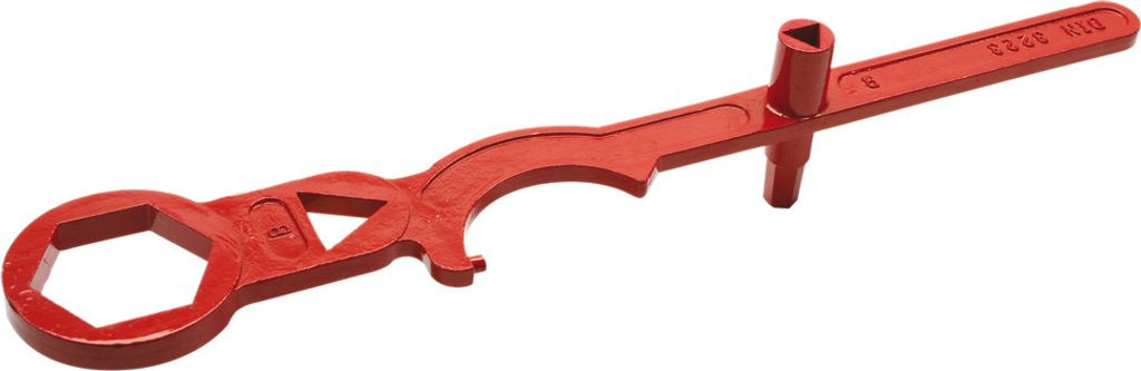 A red hydrant wrench is shown against a white background.