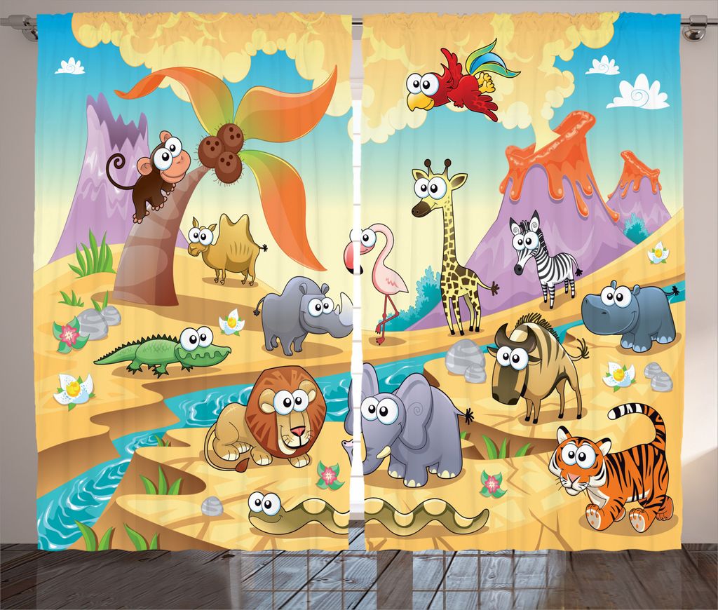ABAKUHAUS Bunt Rustikaler Gardine, Natur Tiere Hippo, Schlafzimmer Kräuselband Vorhang mit Schlaufen und Haken, 280 x 245 cm, Mehrfarbig