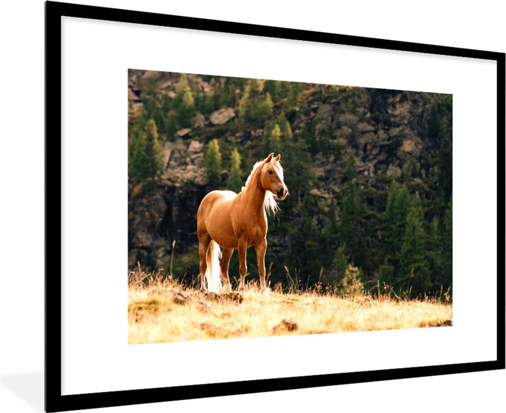MuchoWow Gerahmtes Poster Haflinger Pferd in den Bergen 90x60 cm - Poster mit Schwarzem Bilderrahmen Wandposter Rahmen Foto Bilder - Wanddekorati...