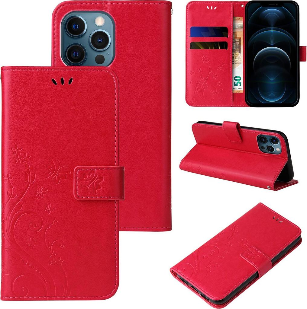 Handyhülle für Apple iPhone 12 Pro Max Floral Blumen Schmetterling Flip Cover Hülle Case Klapphülle Handytasche Farbe: Rot
