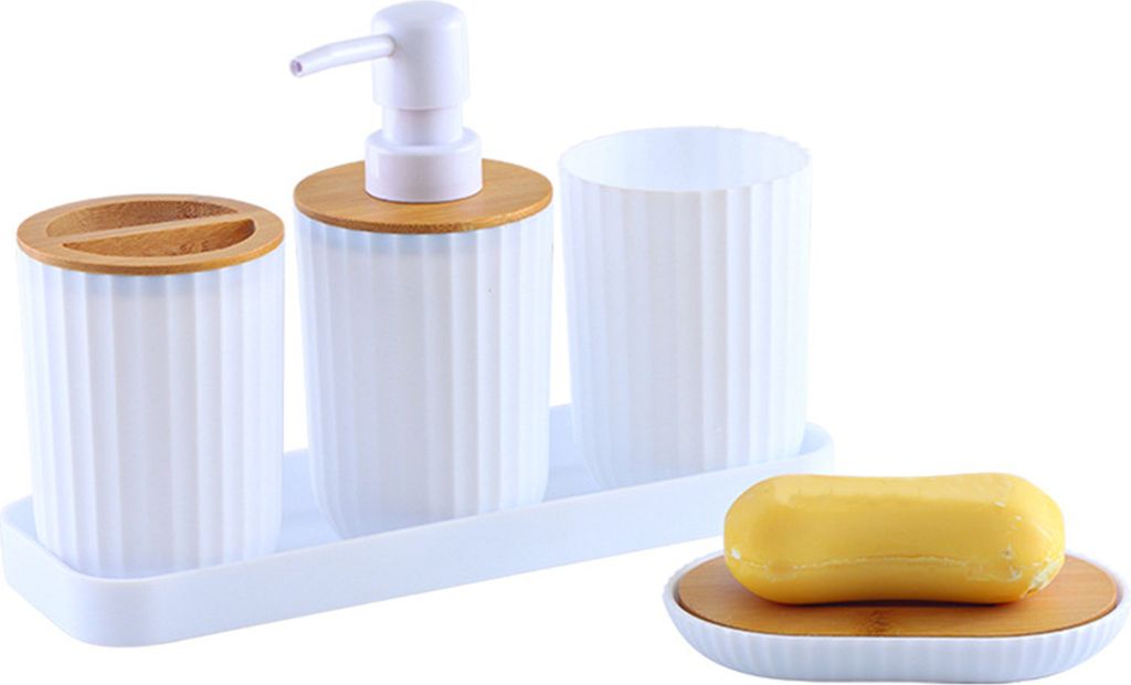 5pcs/Set Badezimmerzubehör Set Zahnbürstenhalter Lotion Dispenser Mundspülung Tassen Tablett Seifenschale Geometrische Aussehen Badezimmerzubeh...