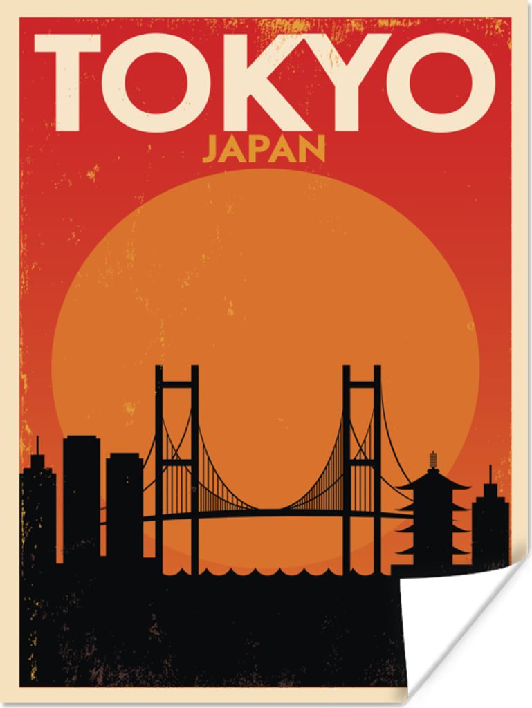 MuchoWow Poster Japan - Vintage - Brücke - Illustration 120x160 cm - Wandbilder
