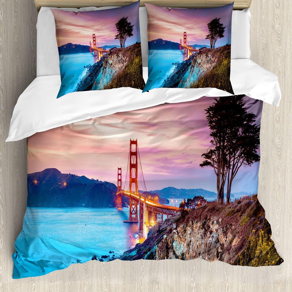 ABAKUHAUS Nachtozean Bettbezug Set für Einzelbetten, Golden Gate Bridge Baum, Milbensicher Allergiker geeignet mit Kissenbezug, 155 cm x 220 cm - ...