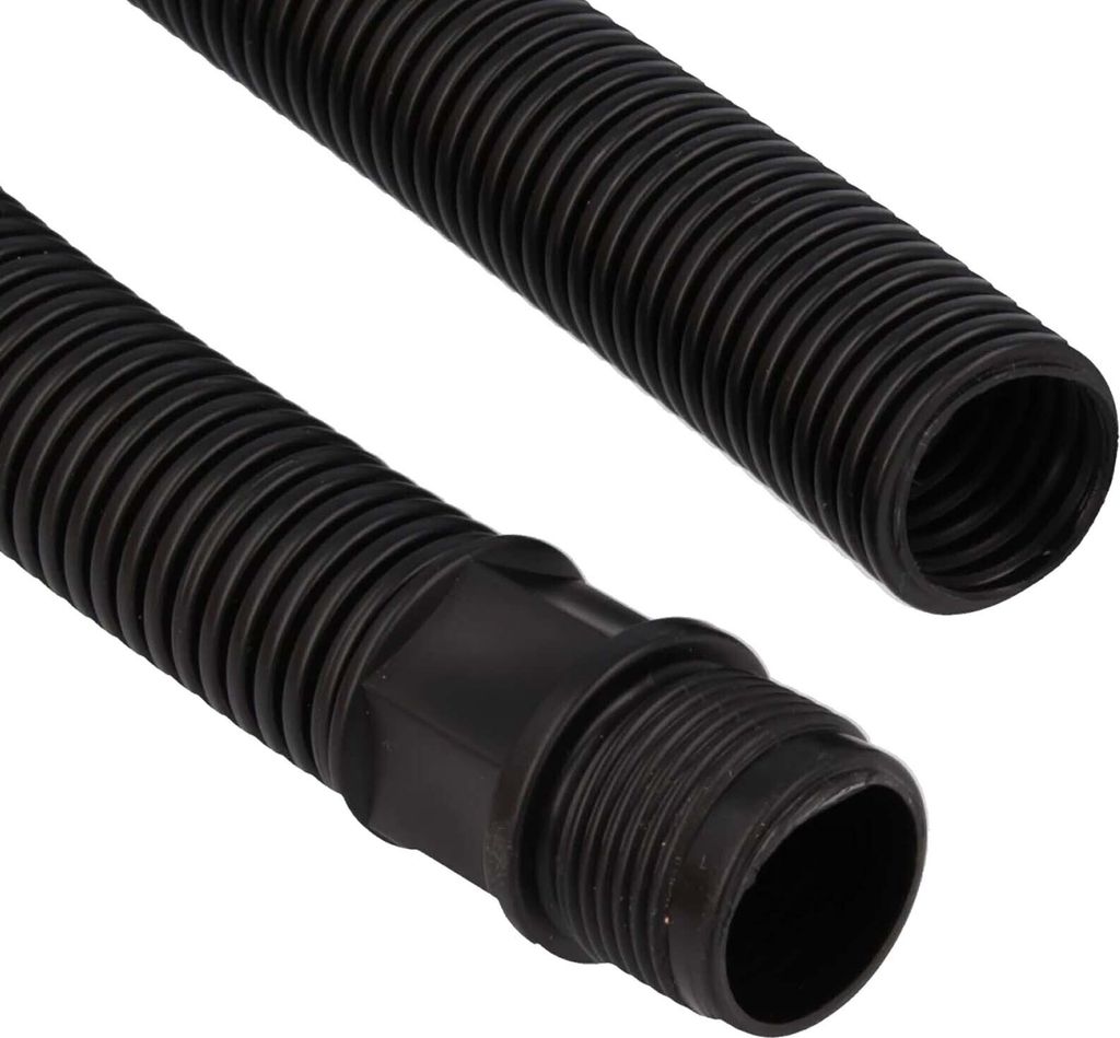 Two black corrugated hoses, one with a connector, against a white background.