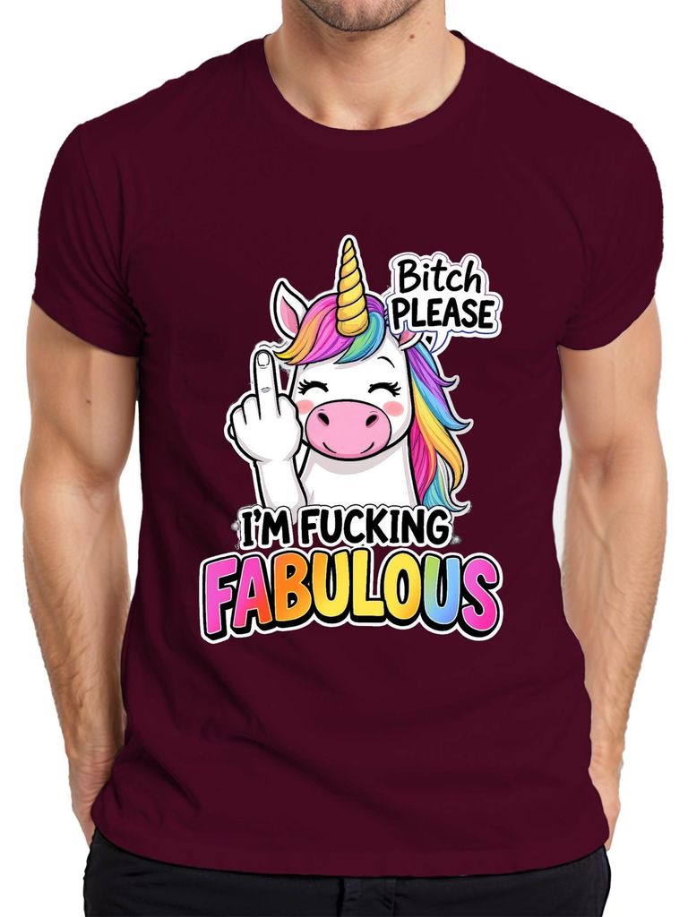 I'm Fucking Fabulous Einhorn Regenbogen Mittelfinger Geschenk Herren T-Shirt, Burgundy, M