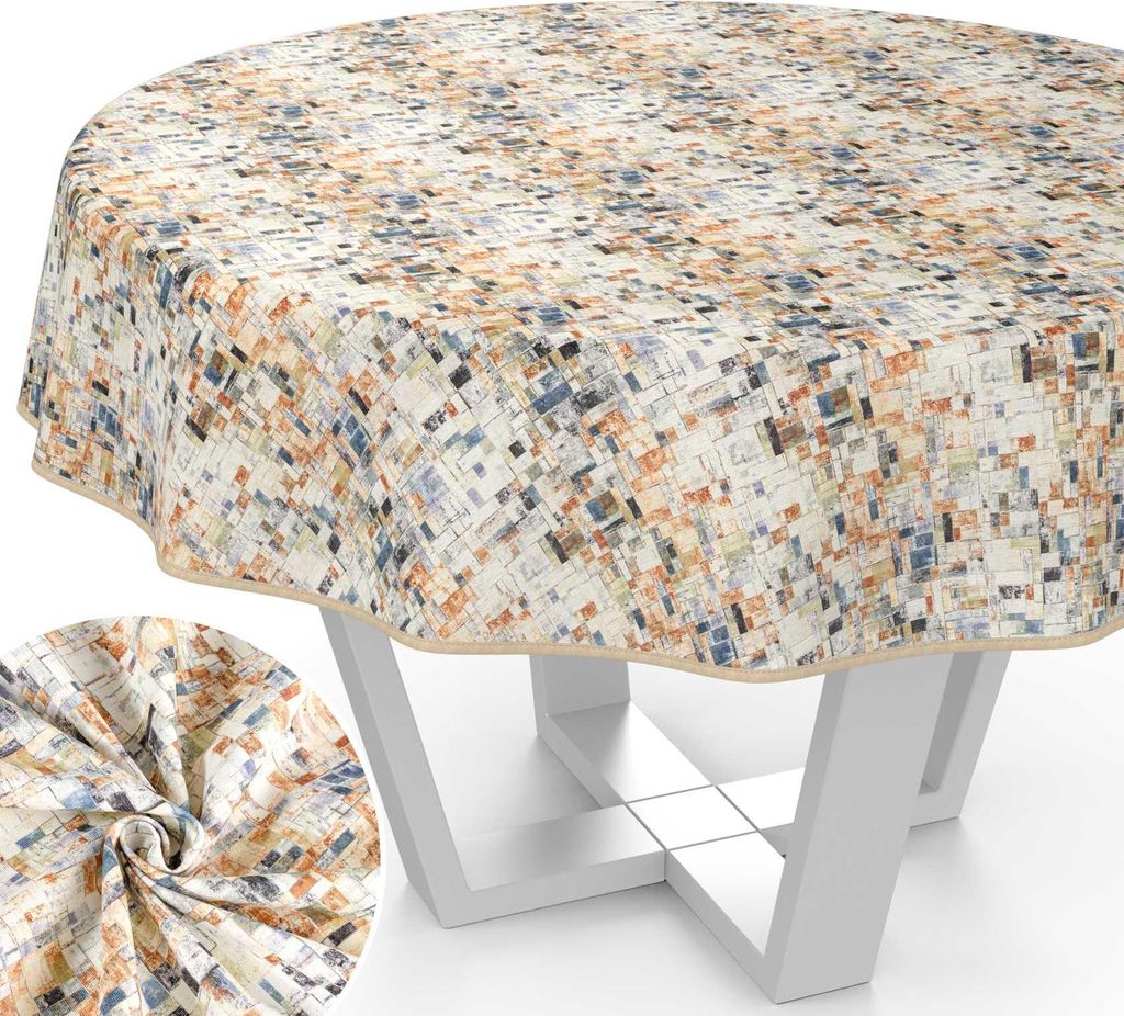 Tischdecke Holzmosaik aus Textil mit Exclusiven Motiven wasserabweisend Tischtuch Tischwäsche Aquarell Bunt Rund 100cm mit Paspelband