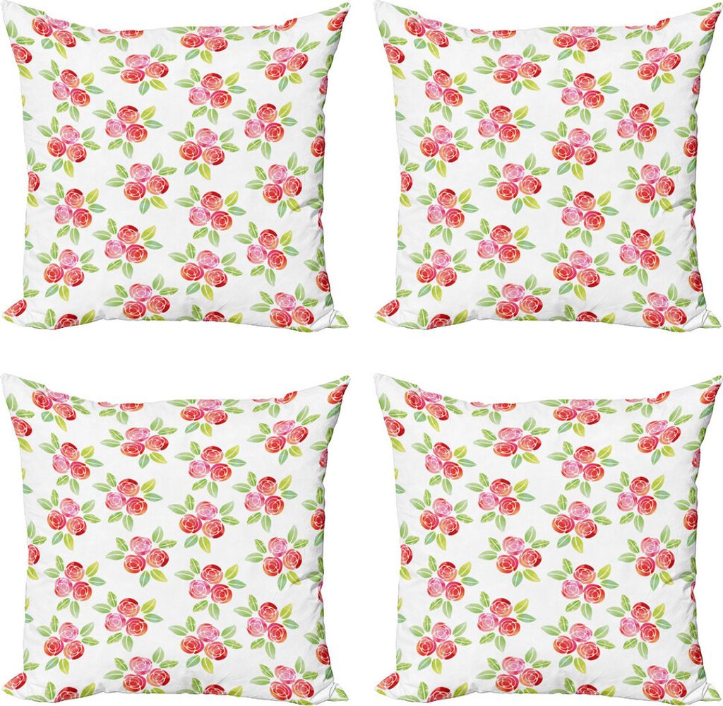ABAKUHAUS Blumen Kissenbezug Set (4 Stück), Aquarell Rosen und Blätter, Moderner Doppelseitiger Digitaldruck, 45 cm x 45 cm, Coral Lime Green