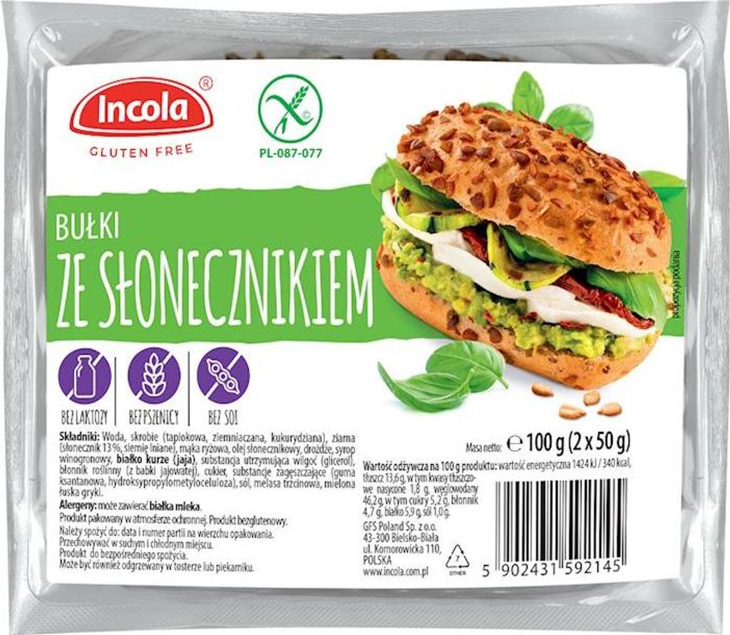 BUŁKI ZE SŁONECZNIKIEM BEZGLUTENOWE (2 szt.) 100 g - INCOLA