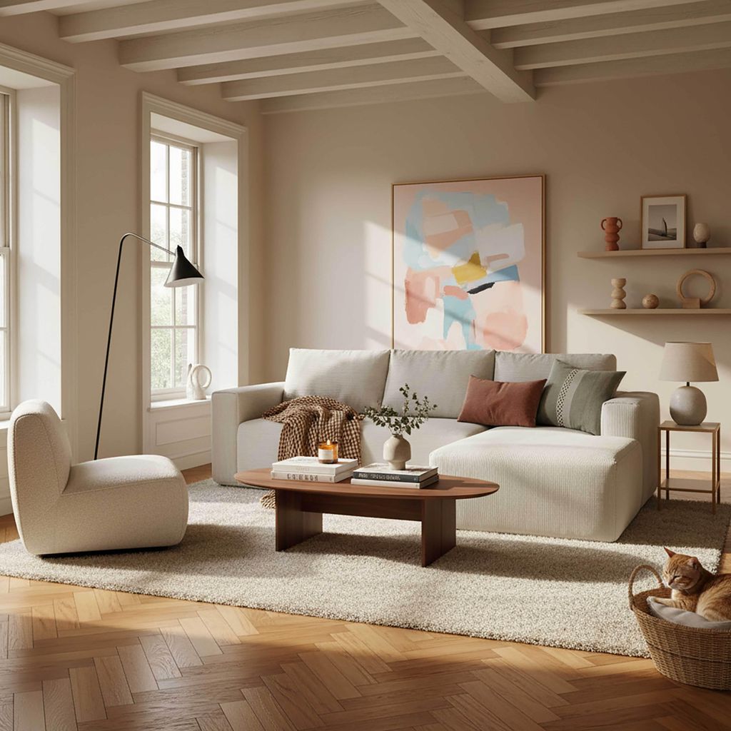 4-Sitzer-Ecksofa mit Chaiselongue rechts ecrufarbenen Kissen L265cm - Oviala Clay