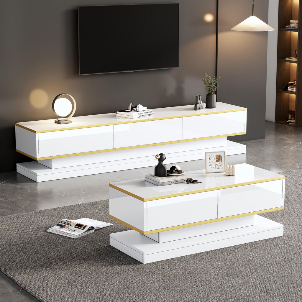 Modernes weißes Hochglanz-TV-Ständer- und Couchtisch-Set, TV-Konsole mit 3 Schubladen, Couchtisch mit 2 Schubladen, Goldbesatz, für das Wohnzimmer
