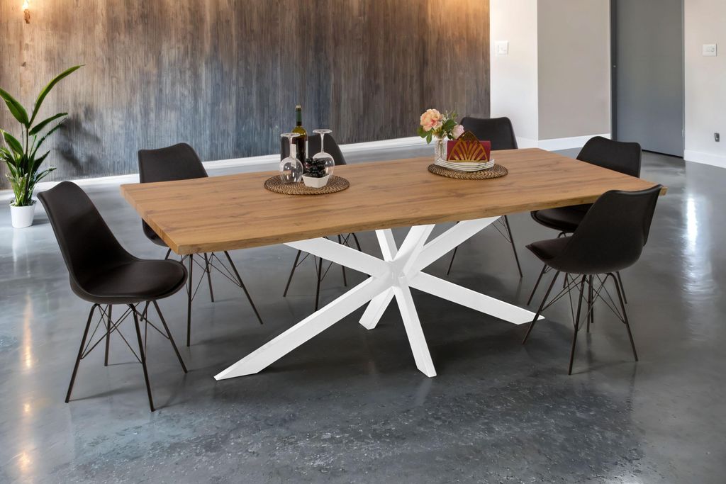 Esstisch Baumkante Holz-Optik Wildeiche 240 x 100 Spider-Gestell weiß JOSY