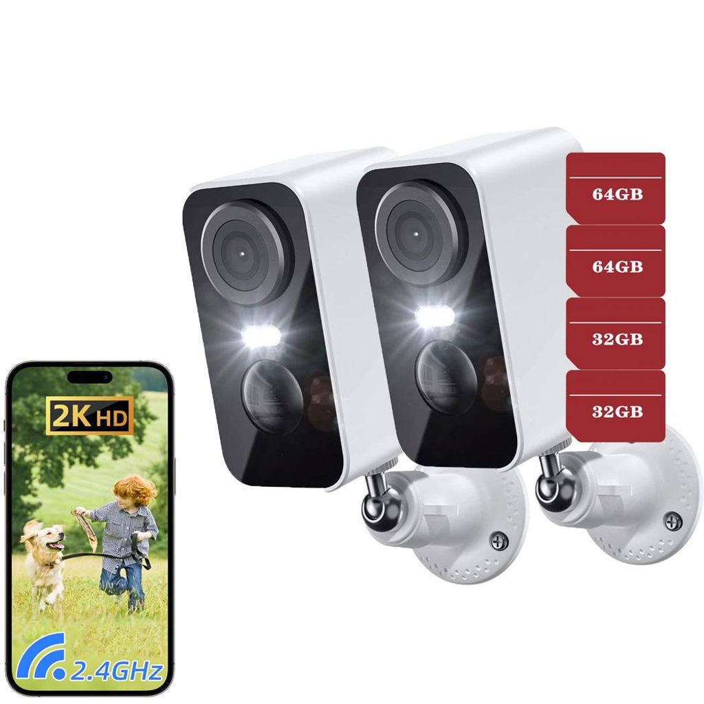 2X Überwachungskamera Aussen Akku - 2K Kamera Überwachung Aussen WLAN Outdoor kabellos 32&64GB Speicher Karte
