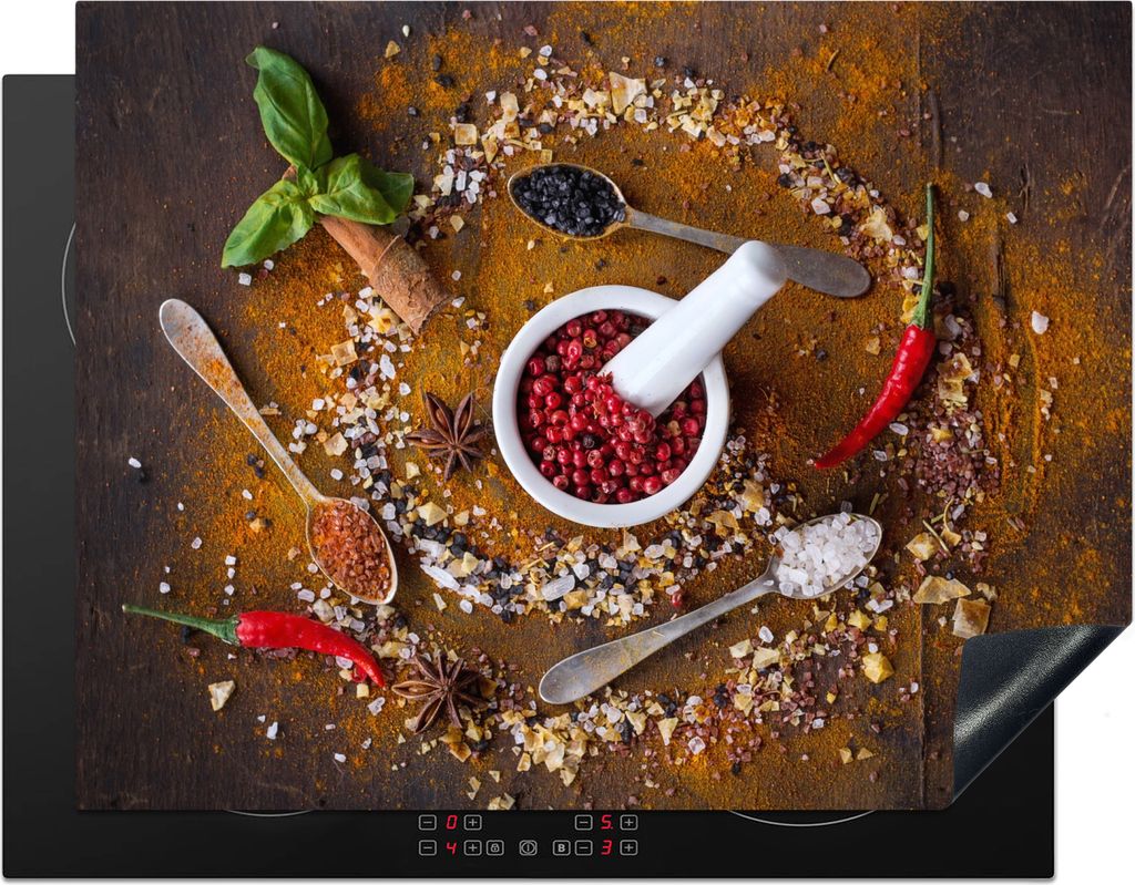 KitchenYeah Herdabdeckplatte Mörser - Kräuter - Löffel - Gewürze - Braun - Pfeffer , 77x59cm, Küche Deko, Glaskeramikkochfeld Herdabdeckung,...