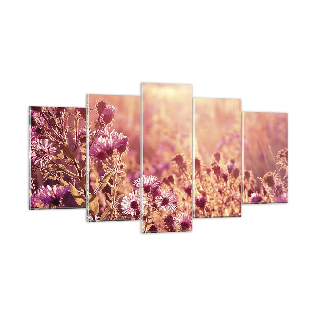 Bilder auf glas - 5 Teile - Wiese Blumen Sonne - 160x85cm - Glasbilder - Wandbilder - Bilder - zum Aufhängen bereit - Wanddekoration aus Glas - Gl...